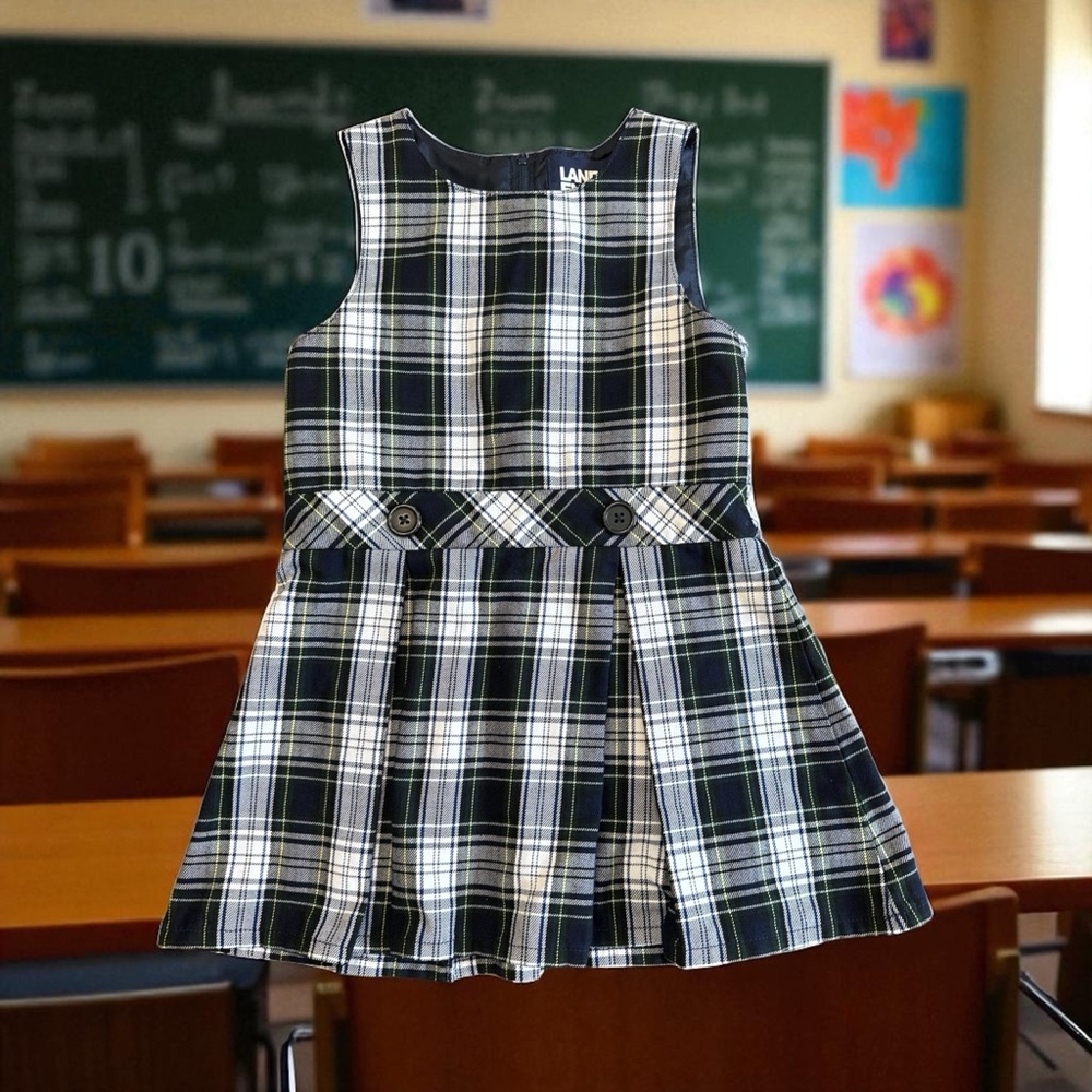 Lands' End Kids Plaid Jumper - Navy, White, and Green